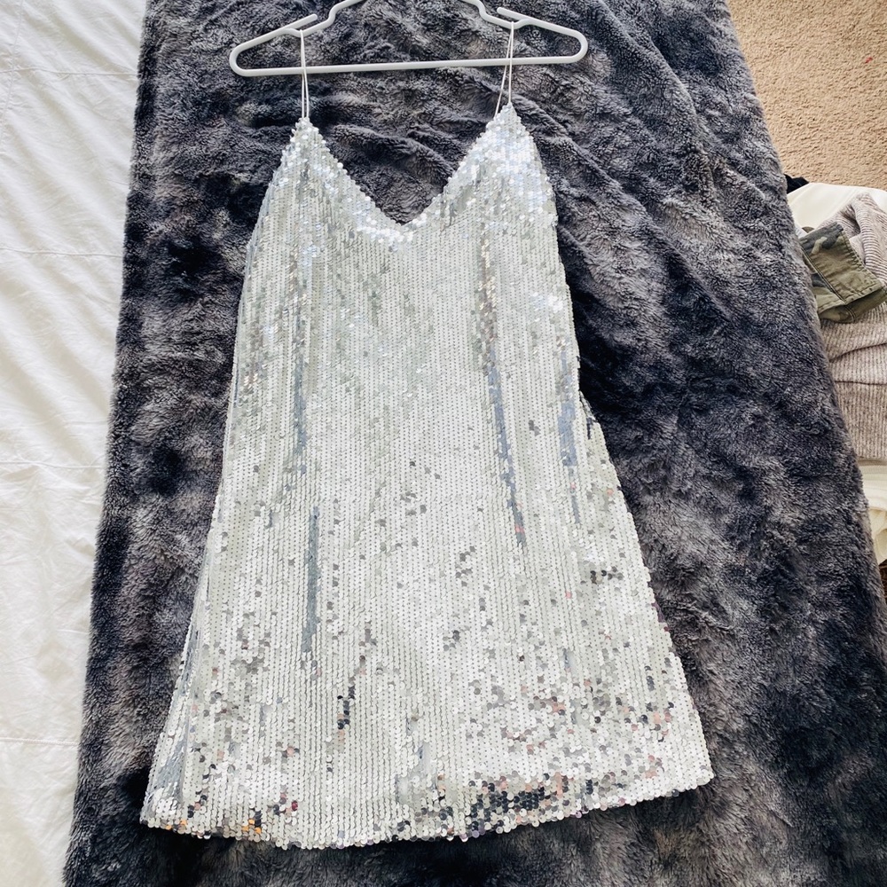 Silver Strappy Sequin Party Dress